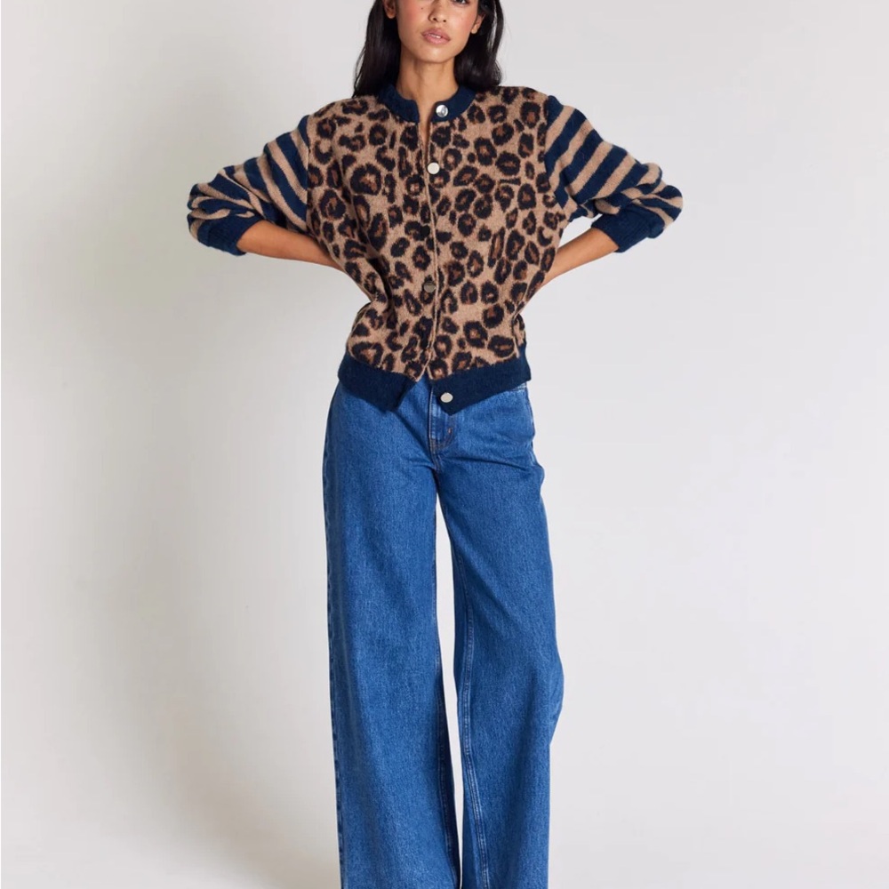 BALZAC Leopard Print Cardigan with Navy Stripe Sleeves - Beige/Navy